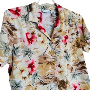 Cathy Essentials Womens XL Tropical Hibiscus Palm Print Button Down Shirt Pink